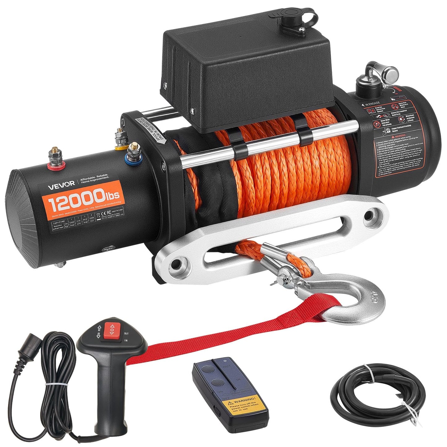 VEVOR Electric Winch, 12000 lbs Load Capacity, 12V DC Truck Winch with Φ0.36 in x 75.5 ft Synthetic Rope, Wireless & Wired Remote Control, IP55 Waterproof for Towing Off-Road SUV Jeep Trailer