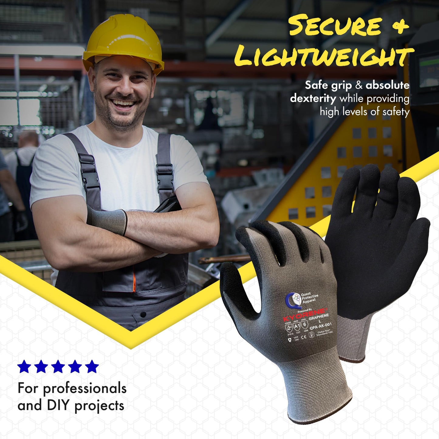 Quest Protective Apparel Cut Resistant Work Gloves (ANSI A1) – Lightweight Graphene Gloves for Gardening,DIY, Mechanical & General Handling – Breathable Grip Gloves for Men & Women – Large, Case of 72