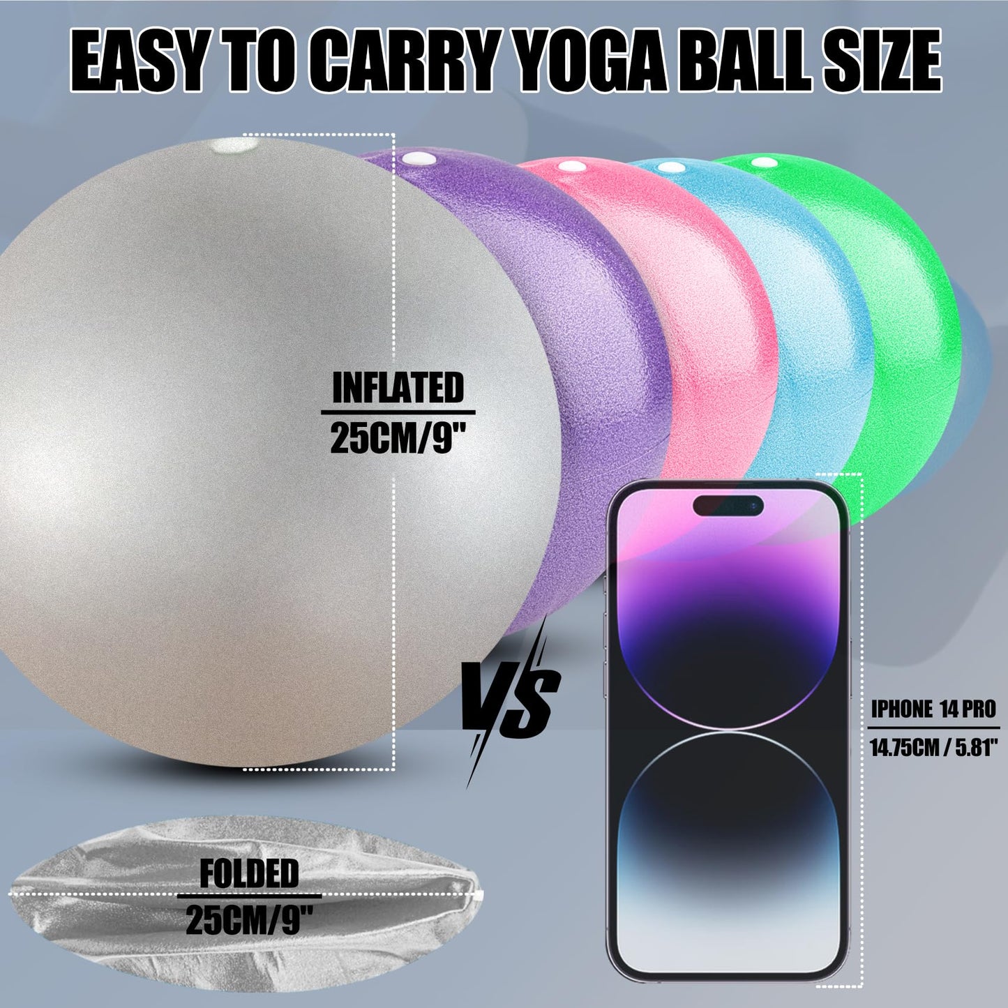 Minmex Small Exercise Ball Anti-Burst Non-Slip Stability 9 Inch，with Inflatable Straw Mini Pilates Balls Ideal for Yoga Exercise,Pilates Physical Therapy Stretching Core Fitness Silver
