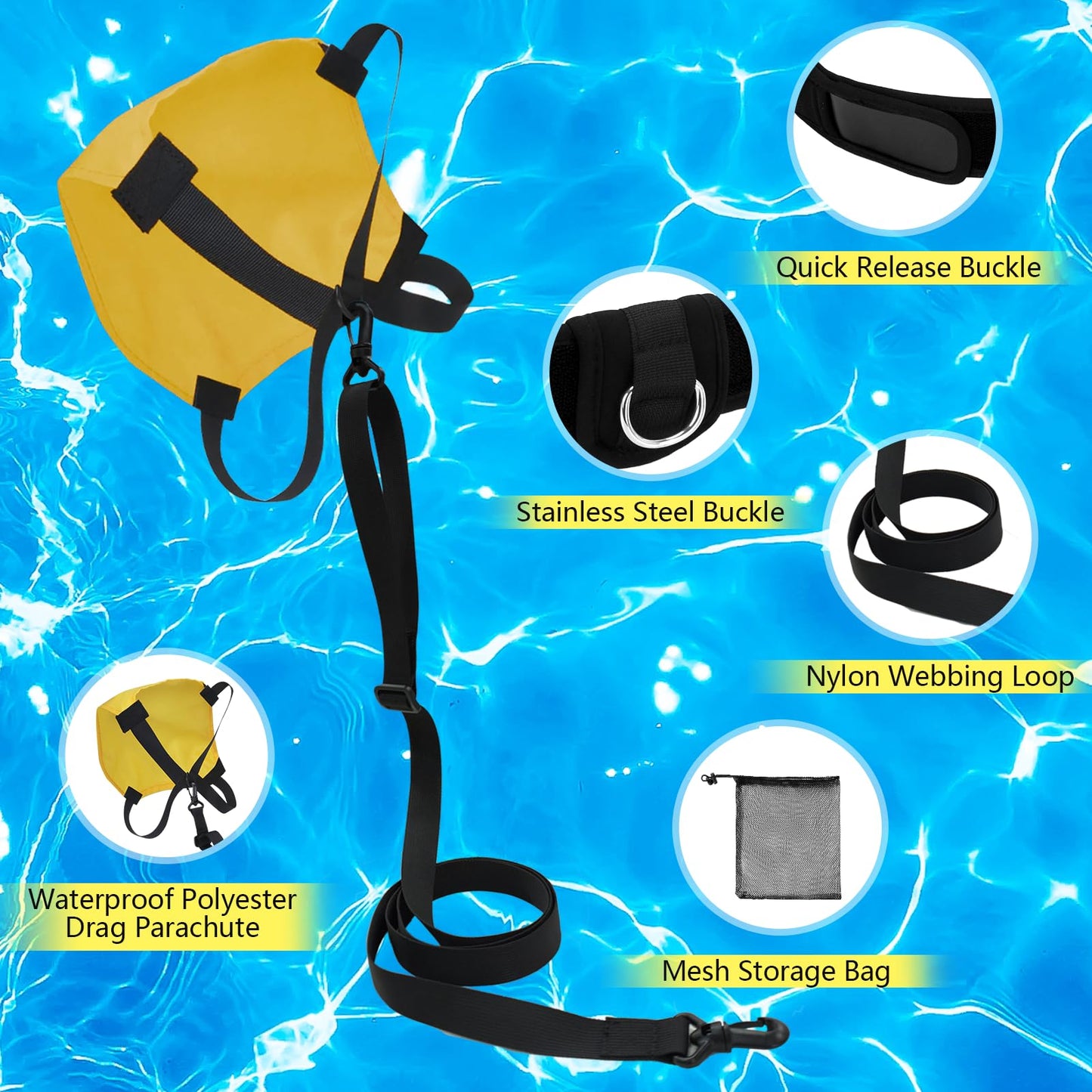 UCEDER Swim Parachute Resistance Training Set, Adjustable Swim Belt with Drag Parachute for Strength & Endurance,Swimming Resistance Training Equipment(Yellow)