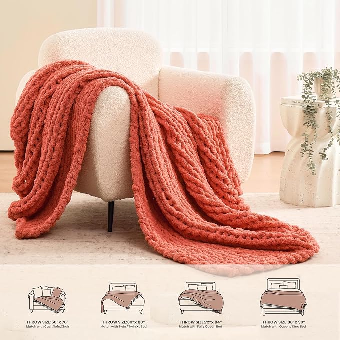 L'AGRATY Chunky Knit Blanket Throw: 60''x80'' Chenille Chunky Knitted Throw Blankets for Twin Bed Couch - Handmade Thick Cable Knit Blanket - Large Crochet Rope Blankets for Home Decor(Coral Pink)