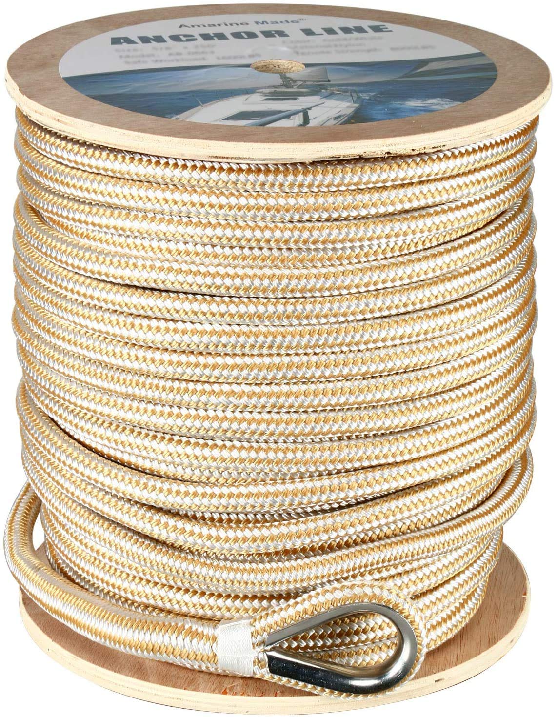 Amarine Made Heavy Duty Double Braid Nylon Anchor Line with Stainless Steel Thimble-White/Gold Color 1/2 inch Thickness 300 ft Long