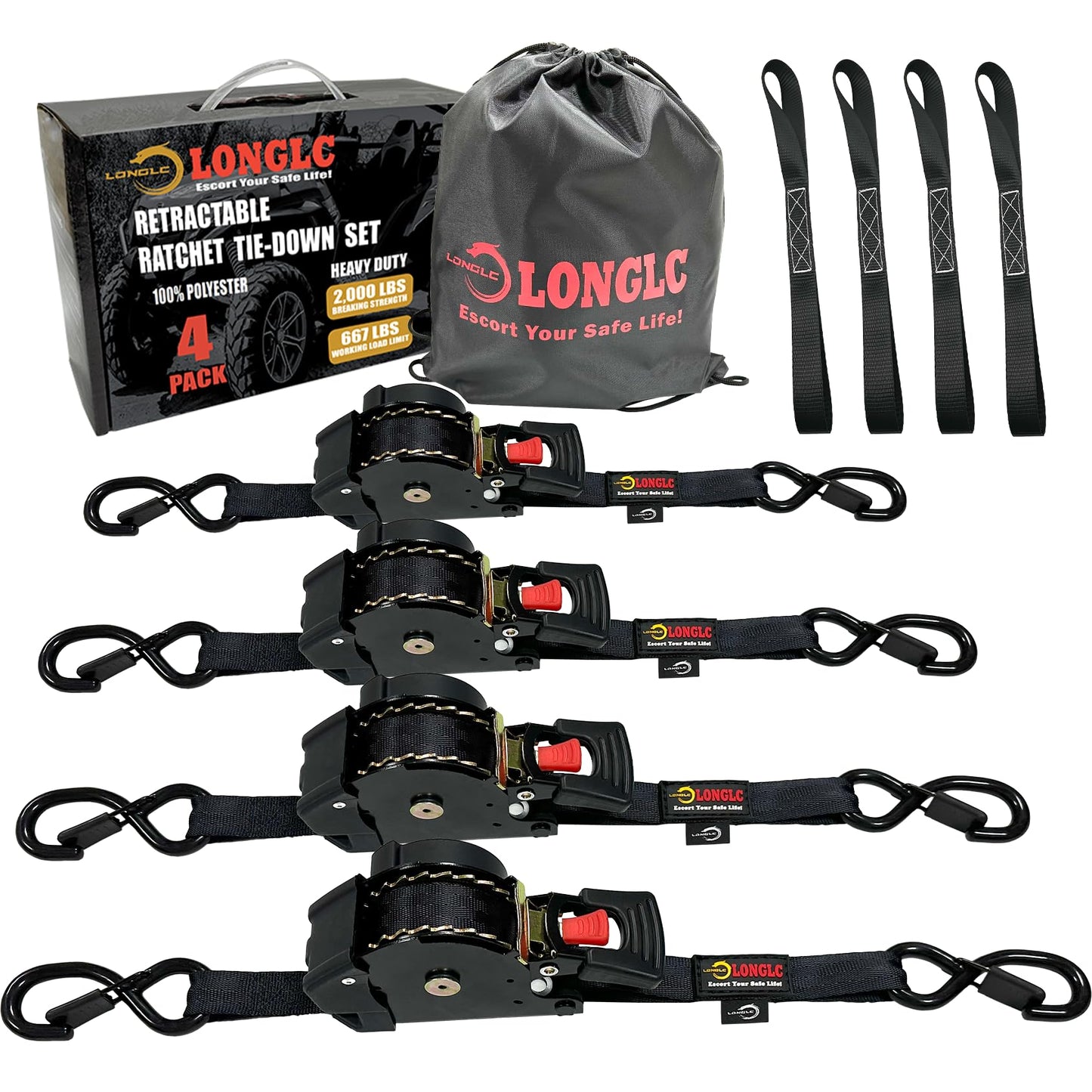 LONGLC 4-Pack Retractable Ratchet Straps Black Heavy Duty - 1 Inch X 10Feet with Soft Loops, 2,000lbs Breaking Strength - Best for Trucks, Cargo Trailer, Motorcycle, Tie Down Straps Ratchet