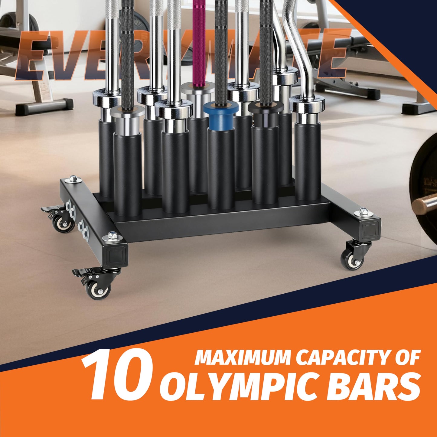EVERYMATE Vertical Barbell Rack, Movable Barbell Stand holder- Heavy-Duty Steel Organizer Holds Up to 10 Olympic Barbells, Fits 2" Olympic Bars, with Scratch-Resistant Inserts, Space-Saving for Home/Garage/Commercial Gym（with silent wheels）