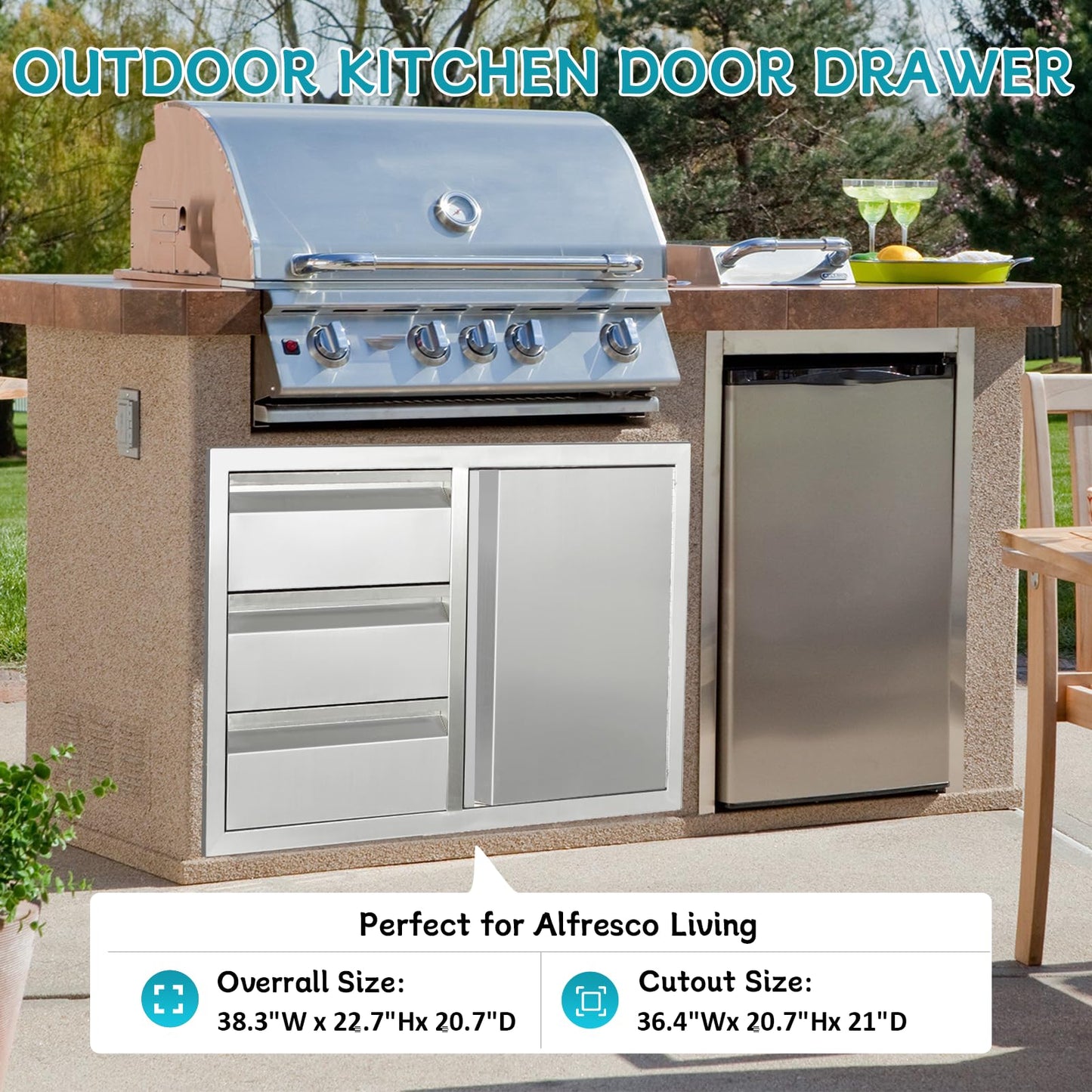 FORJAMINT Outdoor Kitchen Door Drawer Combo Cabinet,38.1W x 22.6H x 20.8D Stainless Steel with Handles,Triple Drawers & BBQ Access Combo for Outdoor Kitchen Island (Drawer and Right Door Combo)