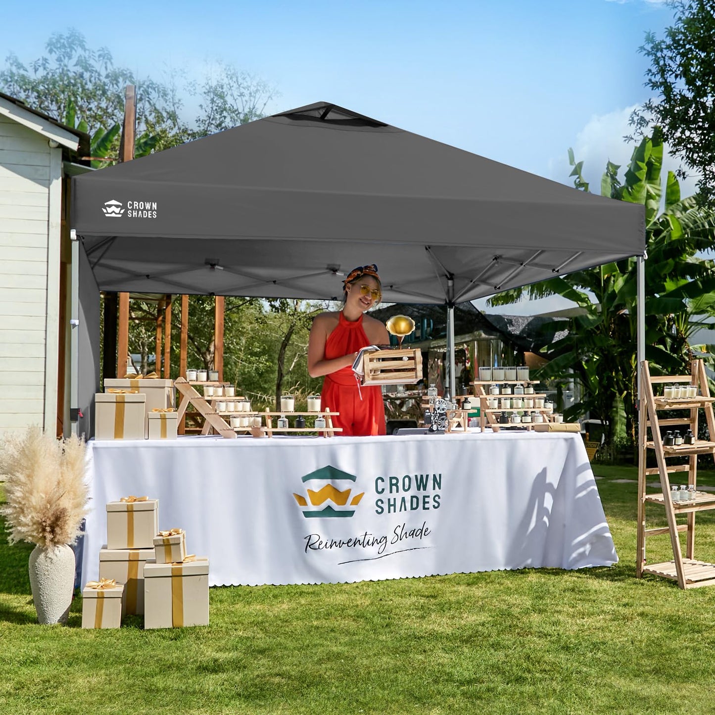 CROWN SHADES 10x10 Pop Up Canopy with 1 Side Wall - Beach Tent with One Push Setup - Outdoor Sun Shade for Events, Parties, Camping - Gazebo with STO-N-Go Cover Bag (Grid Grey)