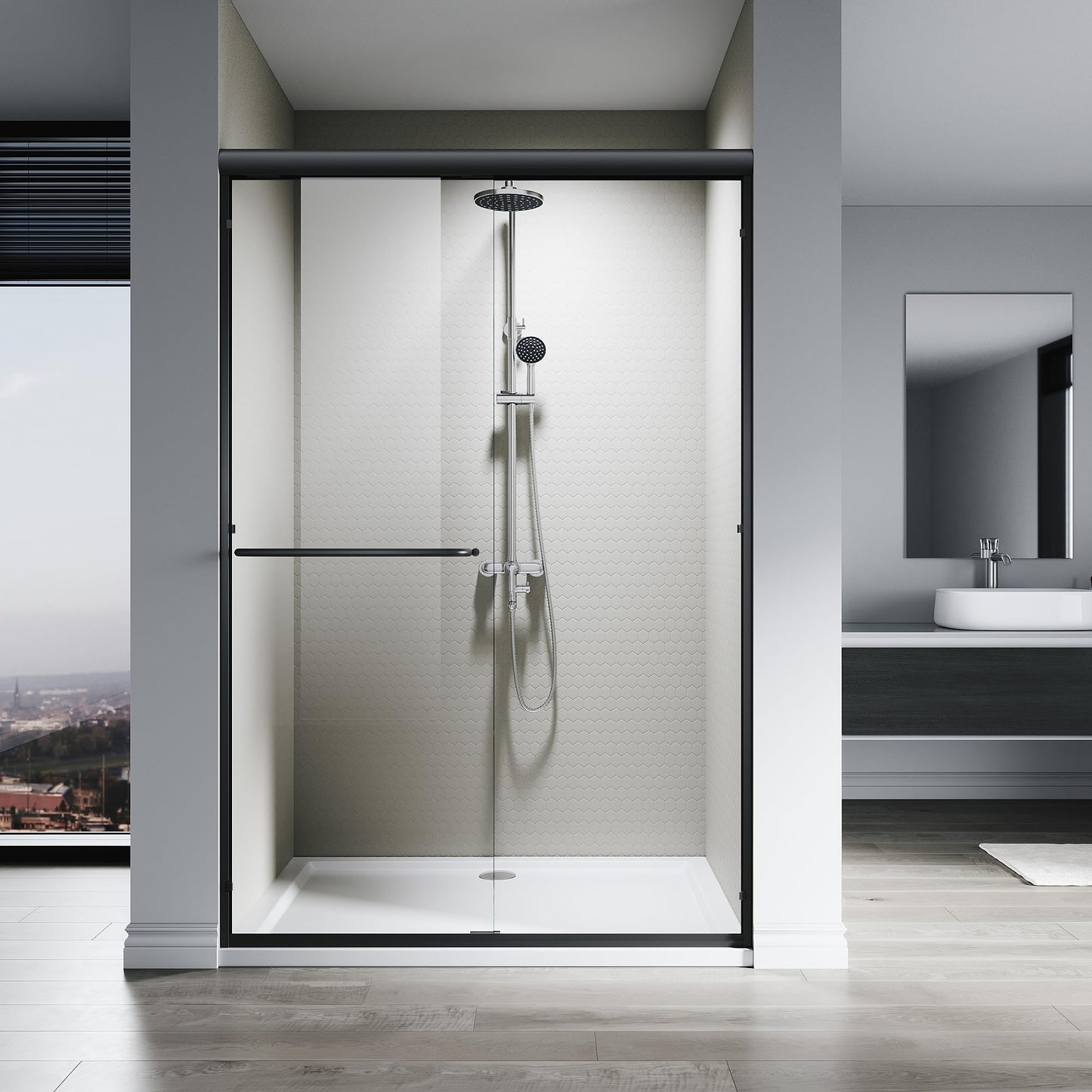 SL4U Shower Door 48" W x 76" H, Double Sliding Shower Door with 1/4" (6mm) Tempered Glass, Semi-Frameless Bypass Bathroom Door, Easy to Clean, Matte Black Finish