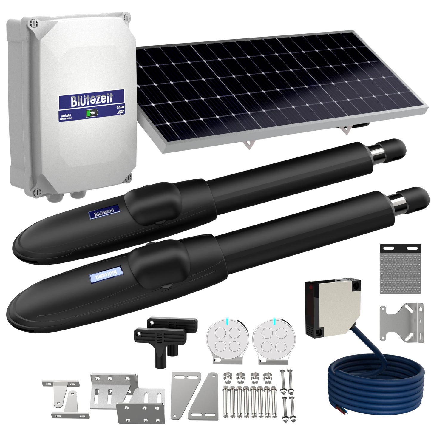 Blütezeit MS650 Solar Dual Swing Gate Opener with 13ft Retro-Reflective Safety Sensor – 1760lb Dual-Arm Gate Motor for Double Gates, 25W Solar Panel, Built-in Lithium Battery
