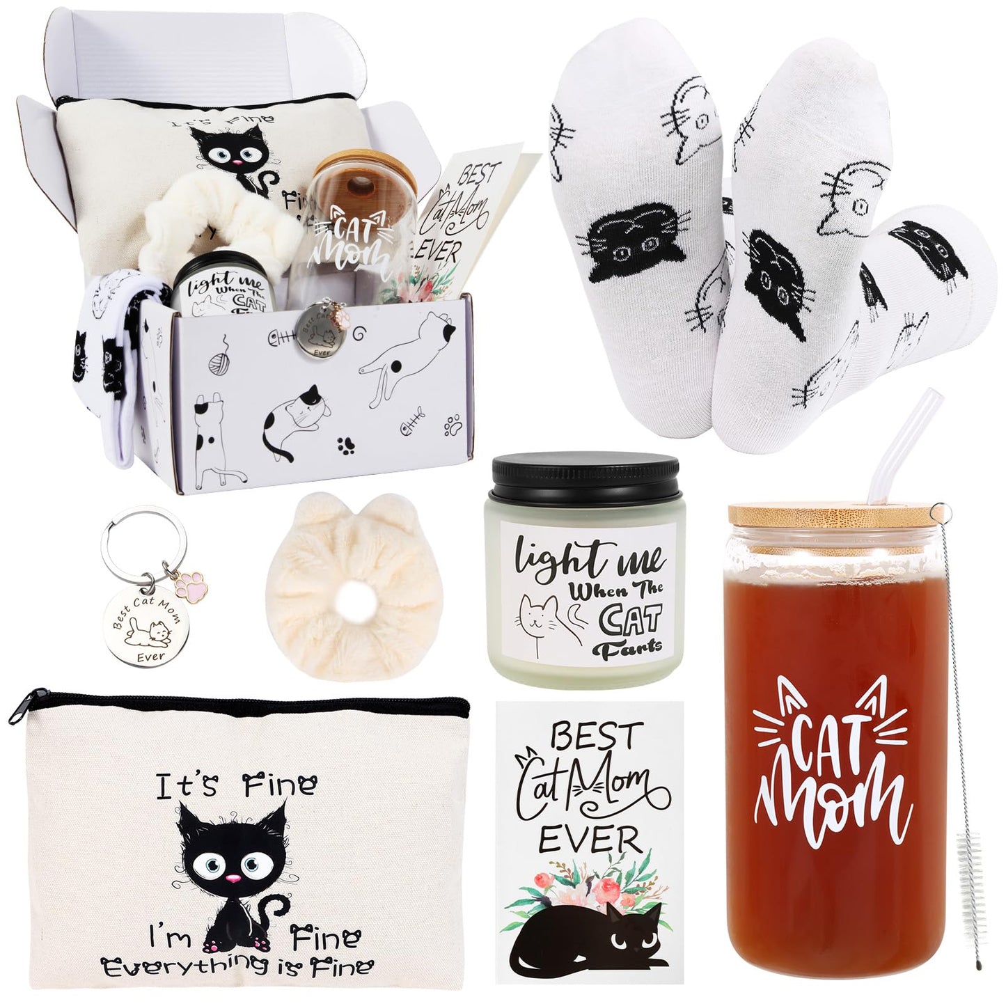 LiYiQ Cat Lover Gifts for Women - Cat Mom Gifts, Crazy Cat Lady Essentials: Makeup Bag, Socks, Scrunchies, Greeting Cards - Perfect for Birthdays & Mother's Day