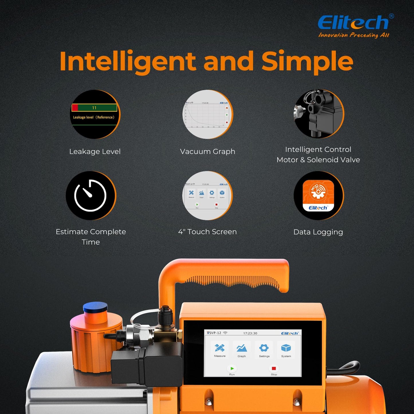 Elitech 12 CFM HVAC Vacuum Pump with External Micron Gauge, 1 HP Dual-Stage Rotary Vane Pump, 4" Touchscreen & App, Fast Evacuation for AC, Refrigeration, Mini Split, R12/R22/R134a/R410a- SVP-12 Pro