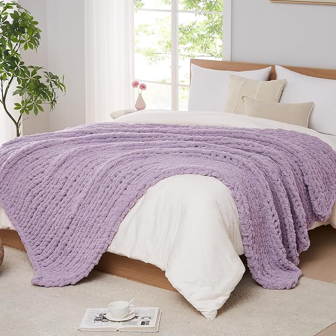 L'AGRATY Chunky Knit Blanket Throw: 72''x84'' Chenille Chunky Knitted Throw Blankets for Bed Couch - Handmade Thick Big Cable Knit Blanket - Large Crochet Rope Blankets for Home Decor(Purple)