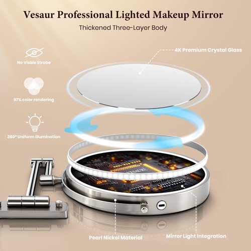 9" Large Wall Mounted Lighted Makeup Mirror, 5000mAh Rechargeable 1X/15X Magnifying Mirror with 3 Color Lights Touch Dimmable, Extended Arm 360° Rotation Bathroom Wall Mounted Makeup Mirror, Nickel