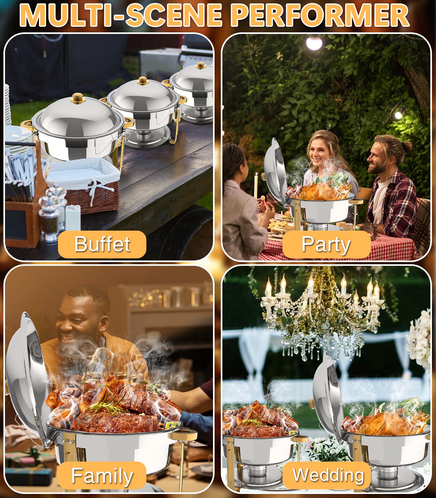 Chafing Dishes for Buffet 4 Pack, 6QT Round Chafing Dish Buffet Set Stainless Steel Buffet Food Warmers Set for Catering Events Party Dinner with Complete Set, Gold and Silver Chafing Dishes for Party