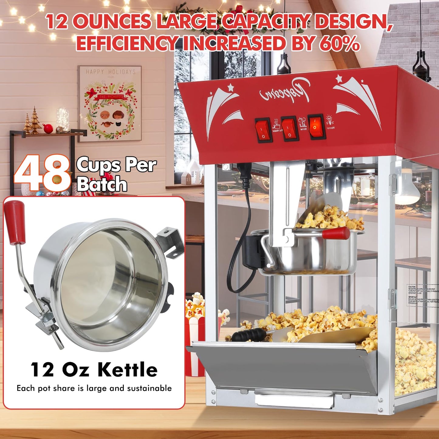 Popcorn Maker Machine,12 Ounce Kettle Stainless Steel Commercial Popcorn Machine with Tempered Glass,Warming Deck, 900W Countertop Popcorn Popper for Parties (Red, 12 Ounce)