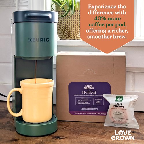 Love Grown Plastic-Free Coffee Pods, 100% Arabica Single-Serve Cups, Compostable, Non-GMO - Compatible with Keurig Coffee Pods Machines and K-Cup Brewers, Dark Roast Flavor, Box of 15