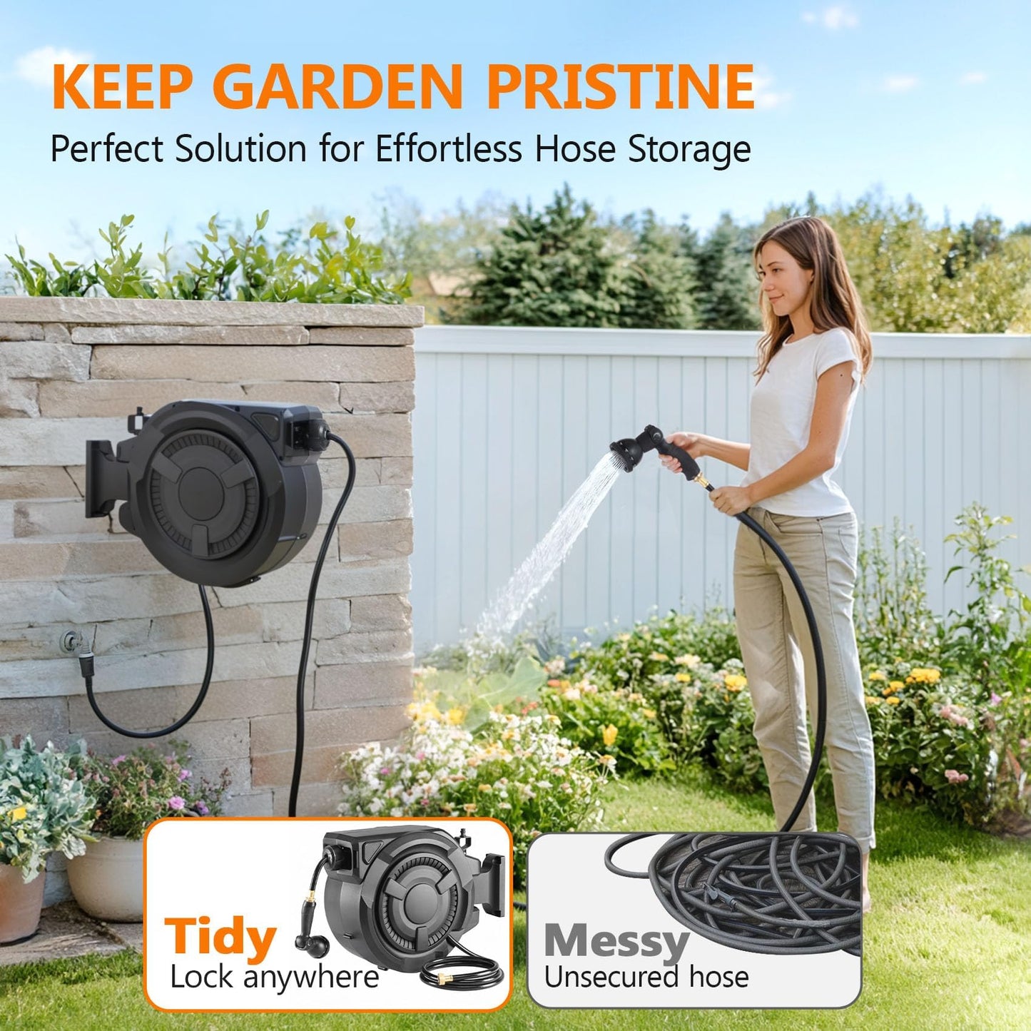 wikiwiki Retractable Garden Hose Reel 1/2 in x 130 ft, Heavy Duty Wall Mounted Hose Reel with 10- Function Sprayer Nozzle, Automatic Slow Return System/180°Swivel Bracket/UV Resistant (Black)