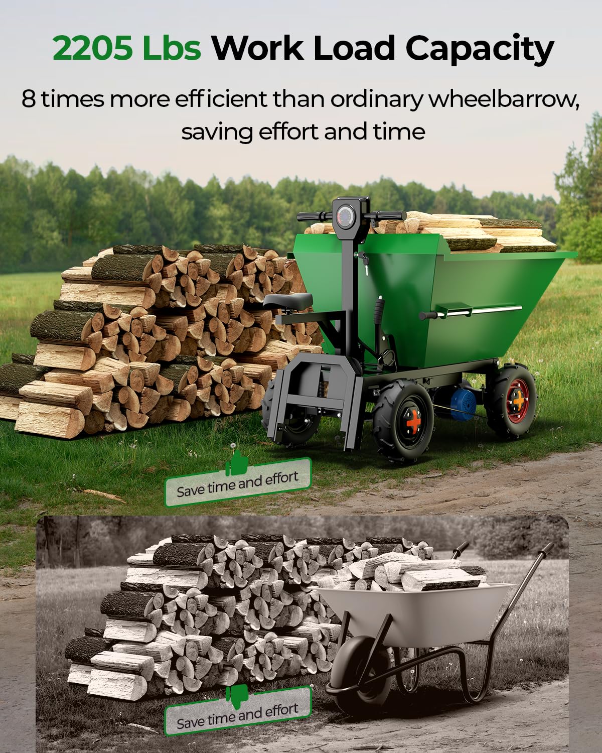 [All-Terrain Tires] Arczorix Wheelbarrow Utility Cart 48V 20Ah Sealed Lead Acid Battery 1500W Capacity 2205Lbs with Manual Dumper & All-Terrain Wheels, Material Hauler