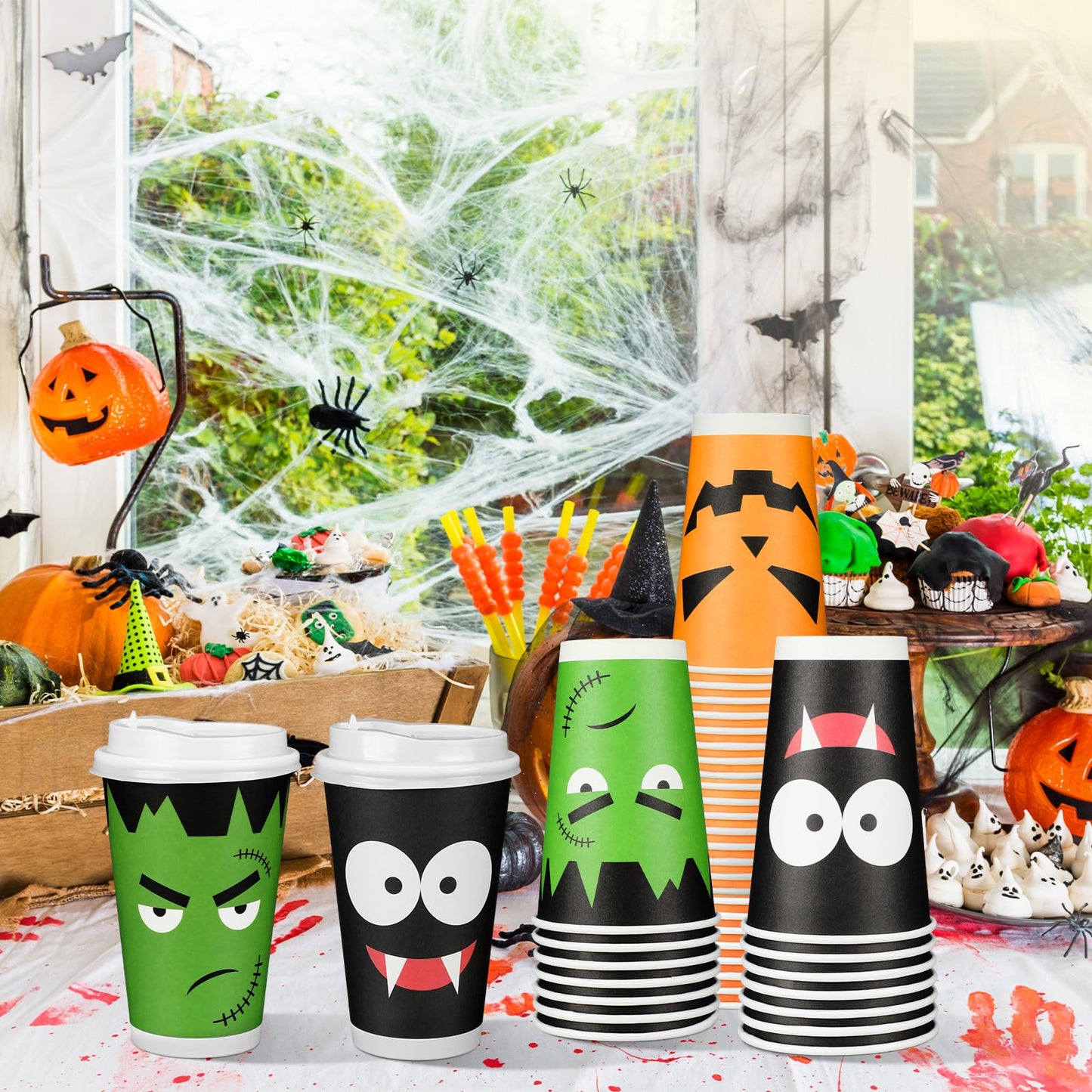 Lallisa 120 Pcs/60 Set Halloween Disposable Coffee Cups with Lids 16 oz Disposable Paper Cups Set Halloween Birthday Party Supplies for Hot Cold Drinks Tea Hot Chocolate Cocoa (Face)