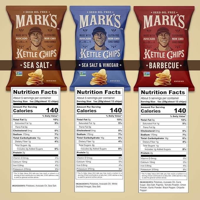 MARK’S Kettle Cooked Avocado Oil Potato Chips, Variety Pack – Seed Oil & GMO Free | 3-Flavor Variety Pack, 5 oz (Pack of 3) | Gluten Free, Non-GMO Chips for Clean & Healthy Snacking