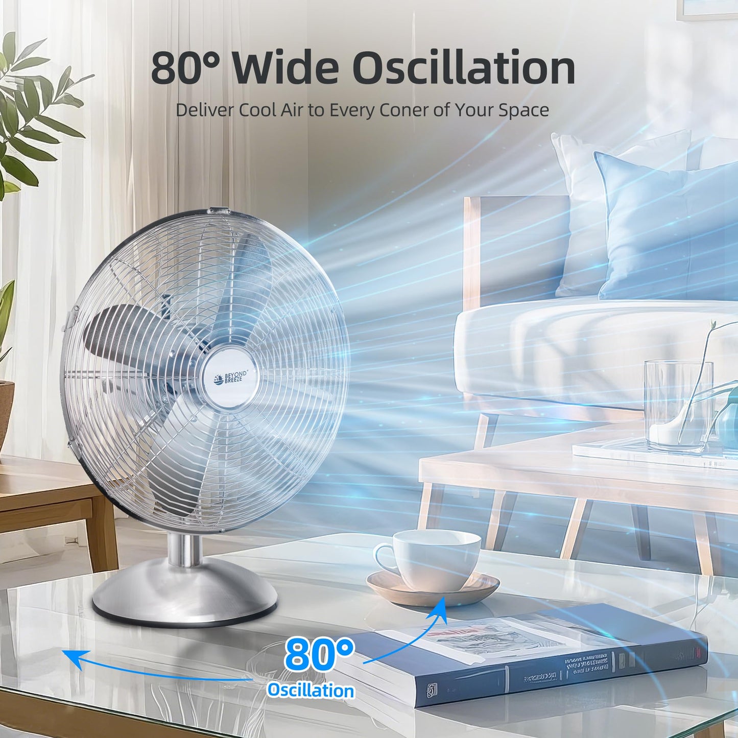 BEYOND BREEZE 12 Inch All Metal Retro Oscillating Table Fan, Desk Fan with 3-Speed Adjustable and 80° Wide Oscillation, Ideal for Bedroom, Office and Kitchen