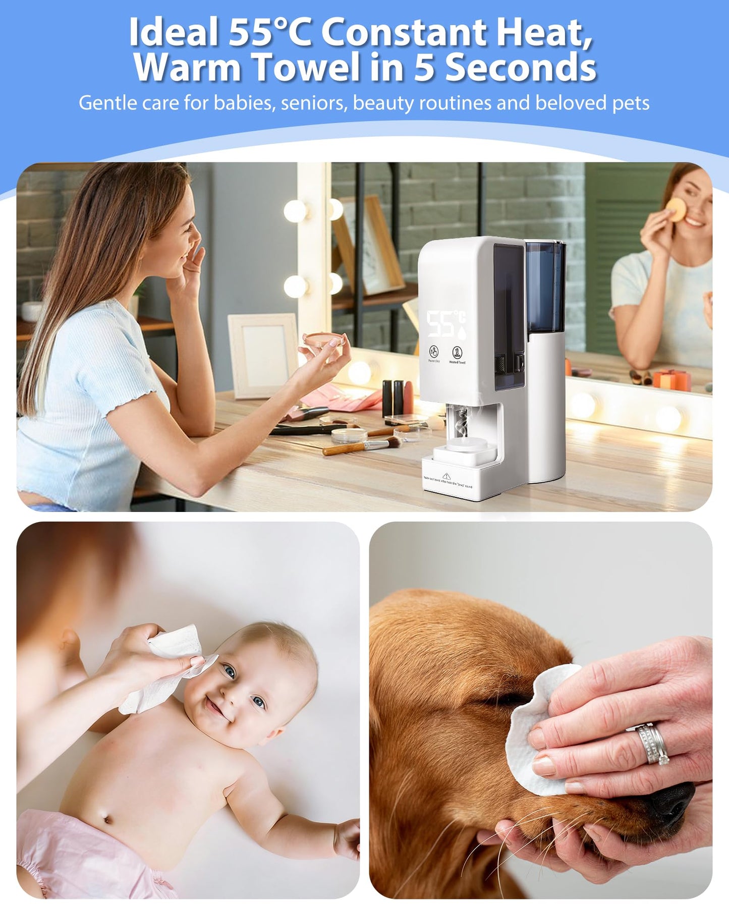 Hot Face Towel Heater Machine, Automatic Disposable Towel Warmer with Steam, 5-Second Heating, 55°C Constant Temperature, Portable Face Towel Steamer (1PC Towel Machine+100PCS Towels)