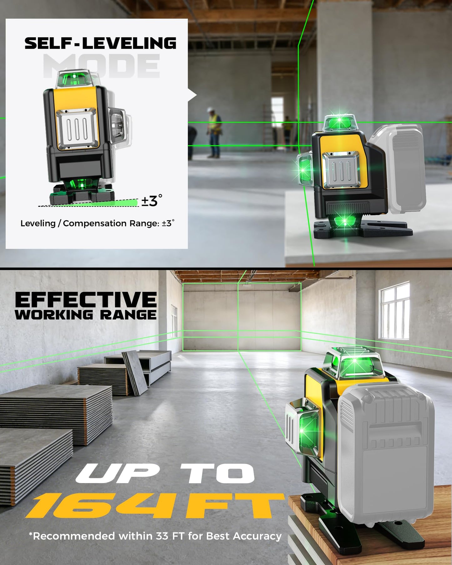 DIYtoolifz Laser Level Compatible with DeWalt 20V Battery, 4D 4x360° Self Leveling, 4 Way Green 16-Line Lazer Leveler Tool for Construction Project, Floor Tile, Home Renovation, Indoor Use, Tool Only