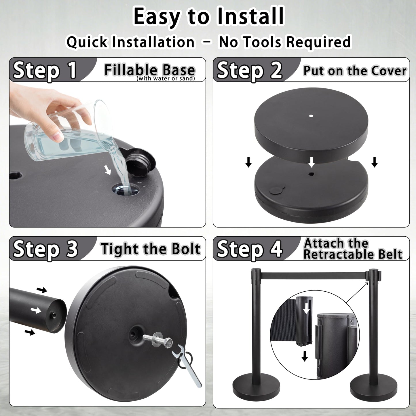 REGRACENLO Crowd Control Stanchion Set with Sign Topper,Black Stanchion with 6.6 ft Black Retractable Belt Barriers,Crowd Control Barriers with Durable Refillable Enlarged Base 6 Pcs