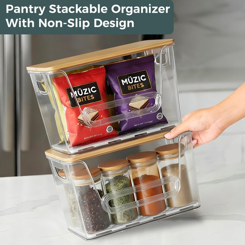 2 Set Pantry organizers and Storage,Trash Bag Holder Under sink Organizer for 4-13 Gal Bags,Trash Bag Dispenser with Bamboo Lids and Stackable Clear Bins for Potato, Onion, Garlic, Fruit, Vegetables