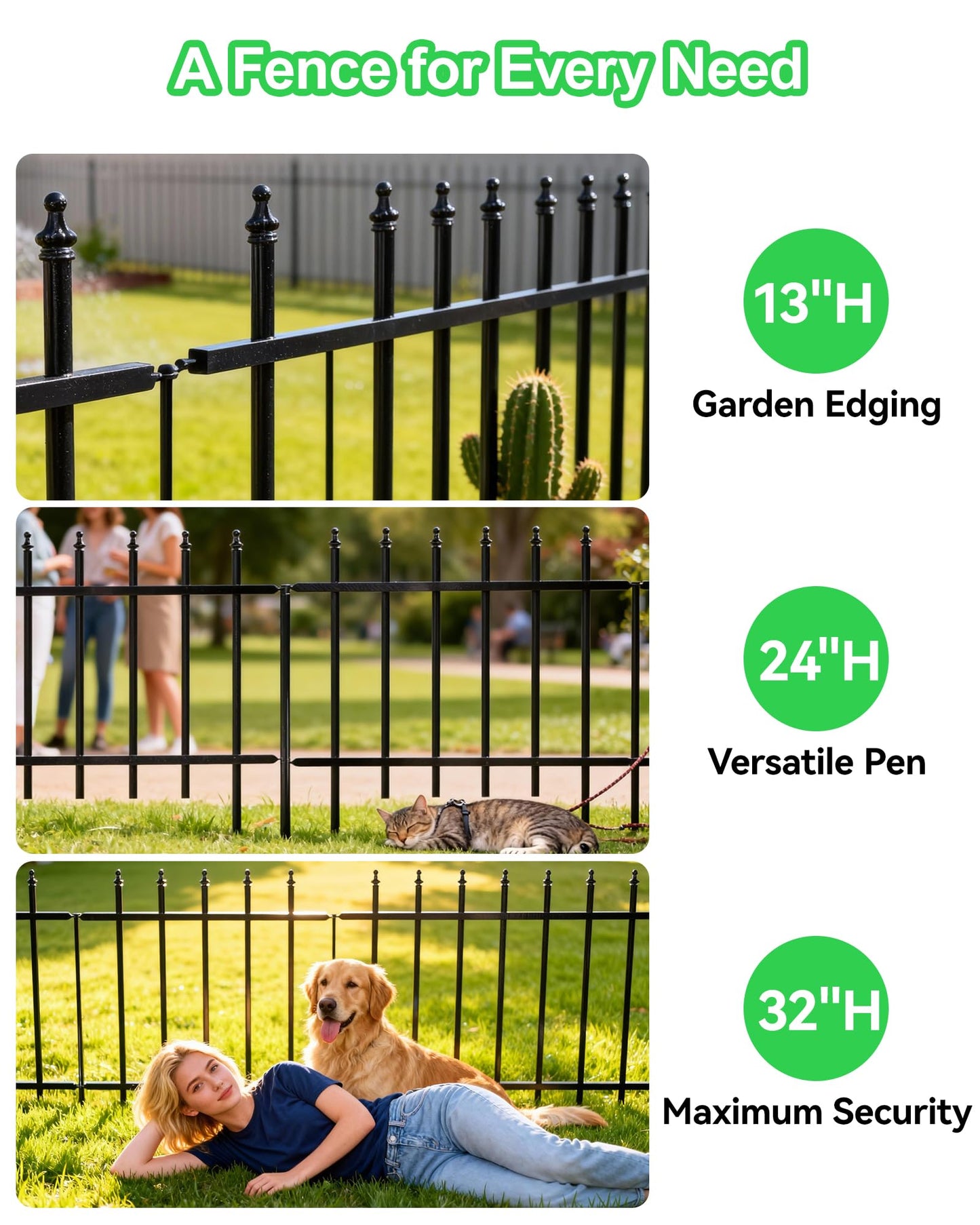 10-Panel Strong Dog Fence, 32in H x 24ft L, Thickened Hollow Iron Tubes, High-Density Metal Barrier for Yard, No Dig Temporary Fencing