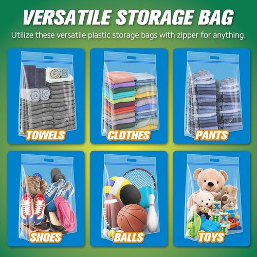 HIBAG 15 Gallon Storage Bags - Extra Large Resealable Clear Bags with Handle | 24” x 24” | Pack of 10