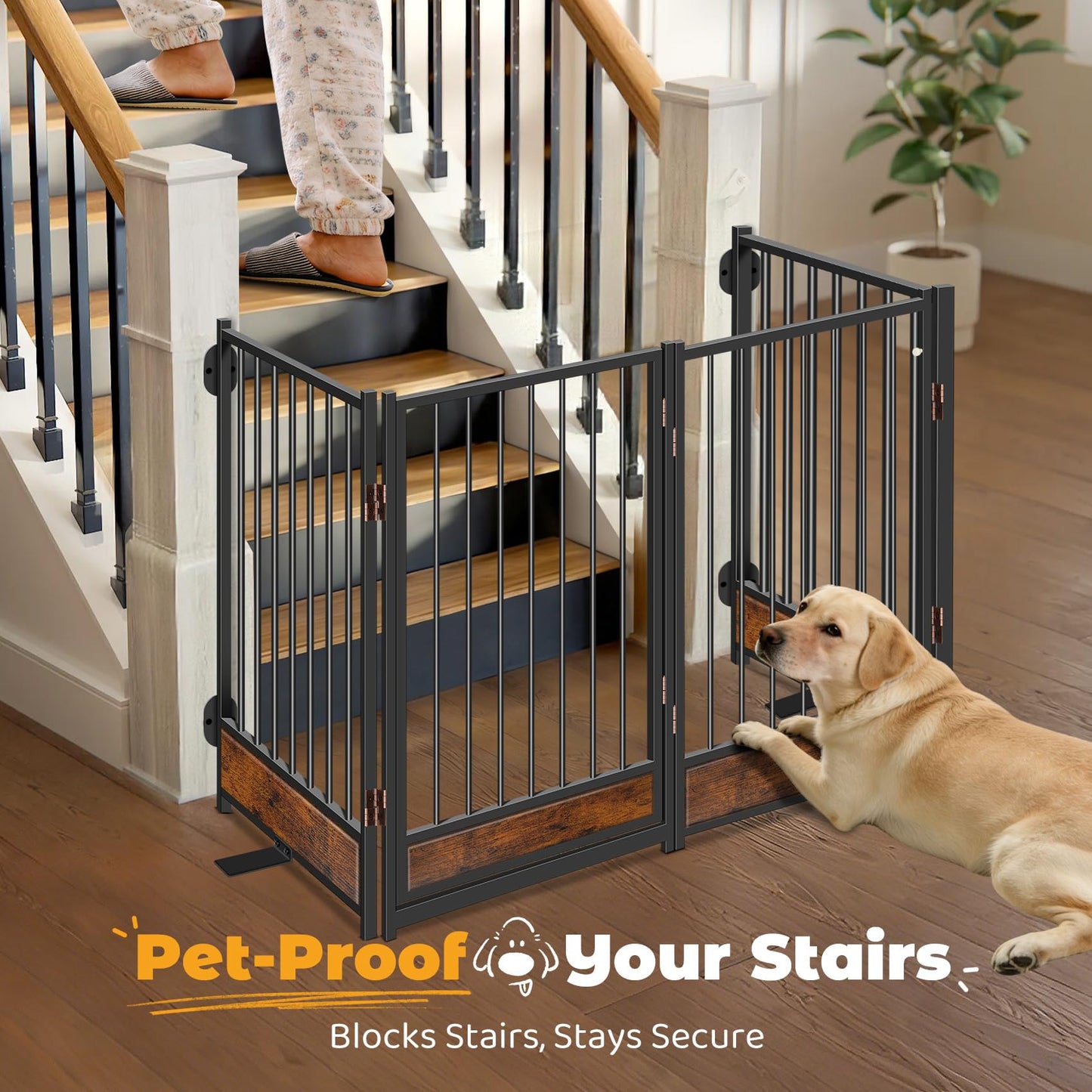 Freestanding Dog Gates with Door Metal Wood for Outdoor Indoor, 81'' Extra Wide 32'' Tall 4 Panels Free Standing Pet Gate for Doorways, Large Openings, Deck,Yard, Foldable Safety Dog Fence, Black