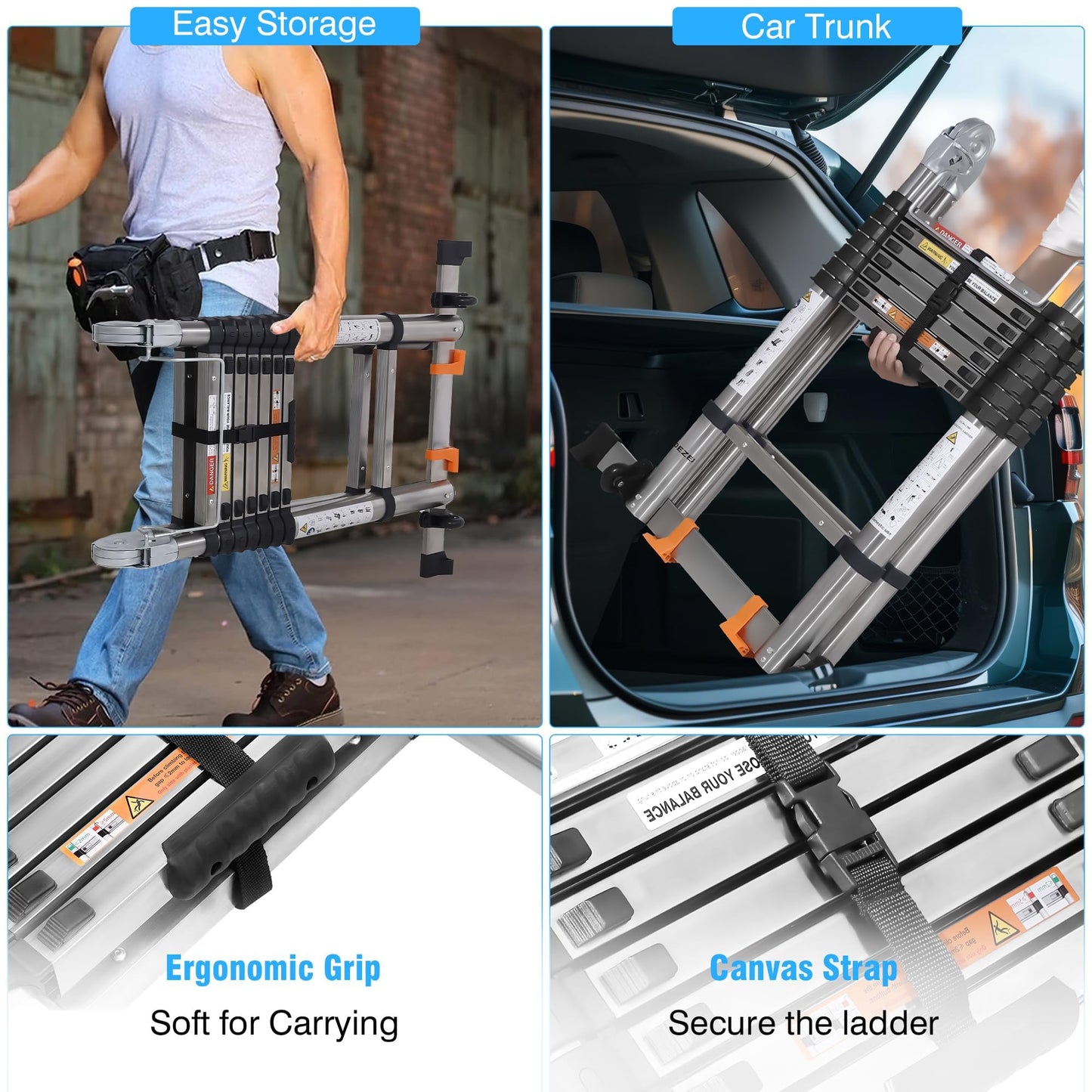 DEZEX A Frame Telescoping Ladders 16.5 FT Stainless Steel, Telescopic Ladder with Balance Bar and Movable Wheels, Multi-Purpose Collapsible Compact Ladder for Indoor Outdoor Work, 330lbs Capacity
