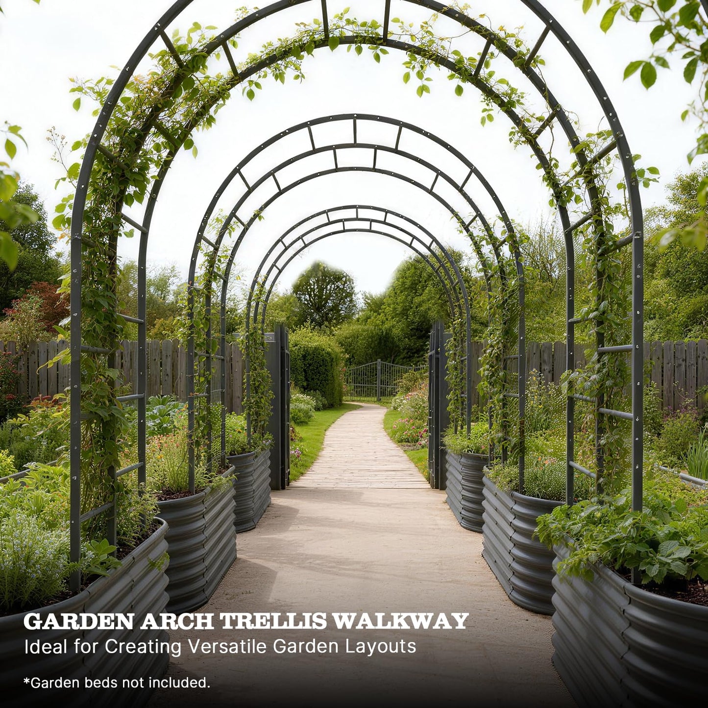 A ANLEOLIFE Garden Arch Trellis for Raised Garden Beds, Heavy-Duty Metal Archway, Bed-Mount or In-Ground Install, Deep-Insert Stability for Cucumbers, Beans, Gourds & Squash, Quartz Gray