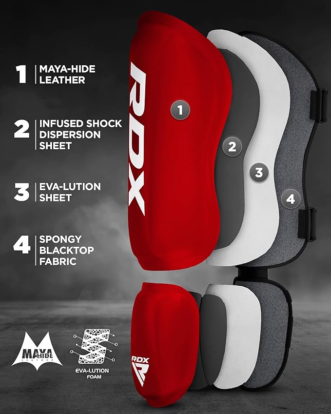 RDX Shin Guards Kickboxing Muay Thai, SATRA SMMAF Approved, Premium Maya Hide Leather, Leg Instep Protection Pads, MMA Martial Arts Kicking Sparring Training Gear, BJJ Karate Boxing Taekwondo, Black