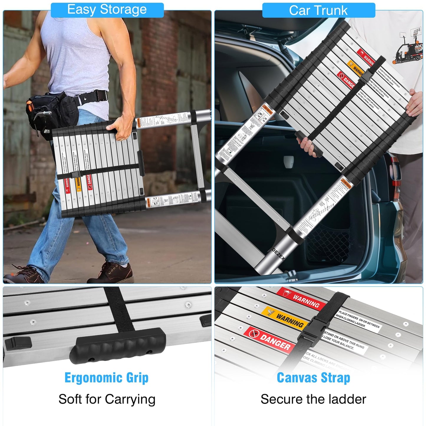 DEZEX 15.5 FT Telescoping Ladders Stainless Steel - One-Button Retraction Collapsible Ladder for Home, RV, Loft, Extension Ladder with 2 Triangle Stabilizers & Balance Bar & Wheels Lasts 330 LBS