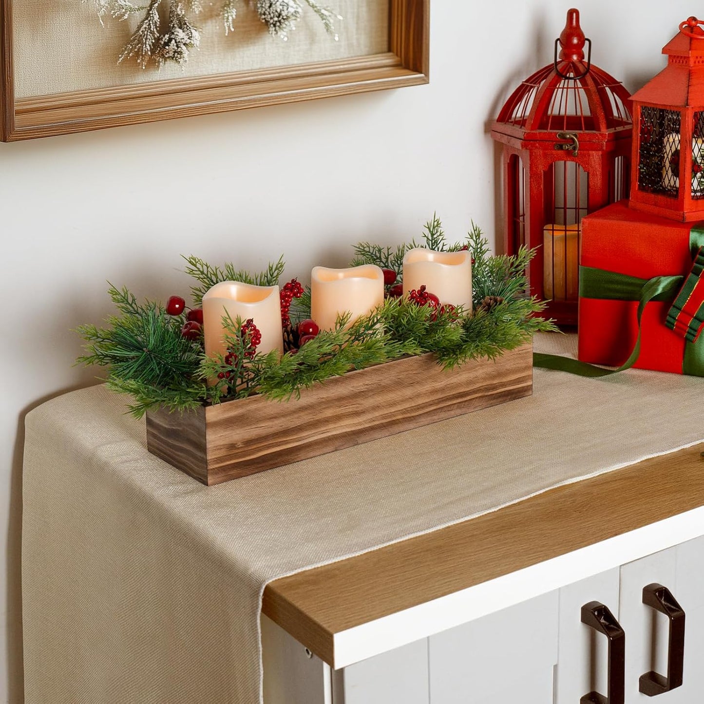 Skiennix Christmas Candle Holder Centerpiece - 3 Flameless Candles with Pine Cones & Red Berries