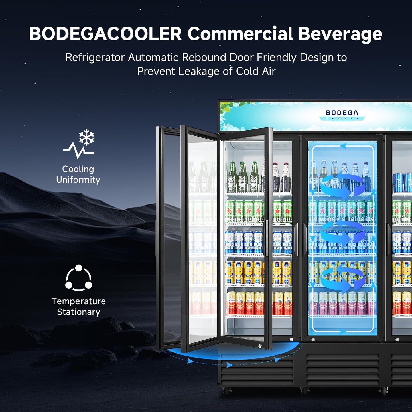 BODEGACOOLER Commercial Merchandiser Refrigerator,3 Glass Door Commercial Beverage Refrigerator, Beverage Display Cooler with Soft LED Light, Adjustable Shelves and 8 Strong Castors, 53 Cu. Ft,Black