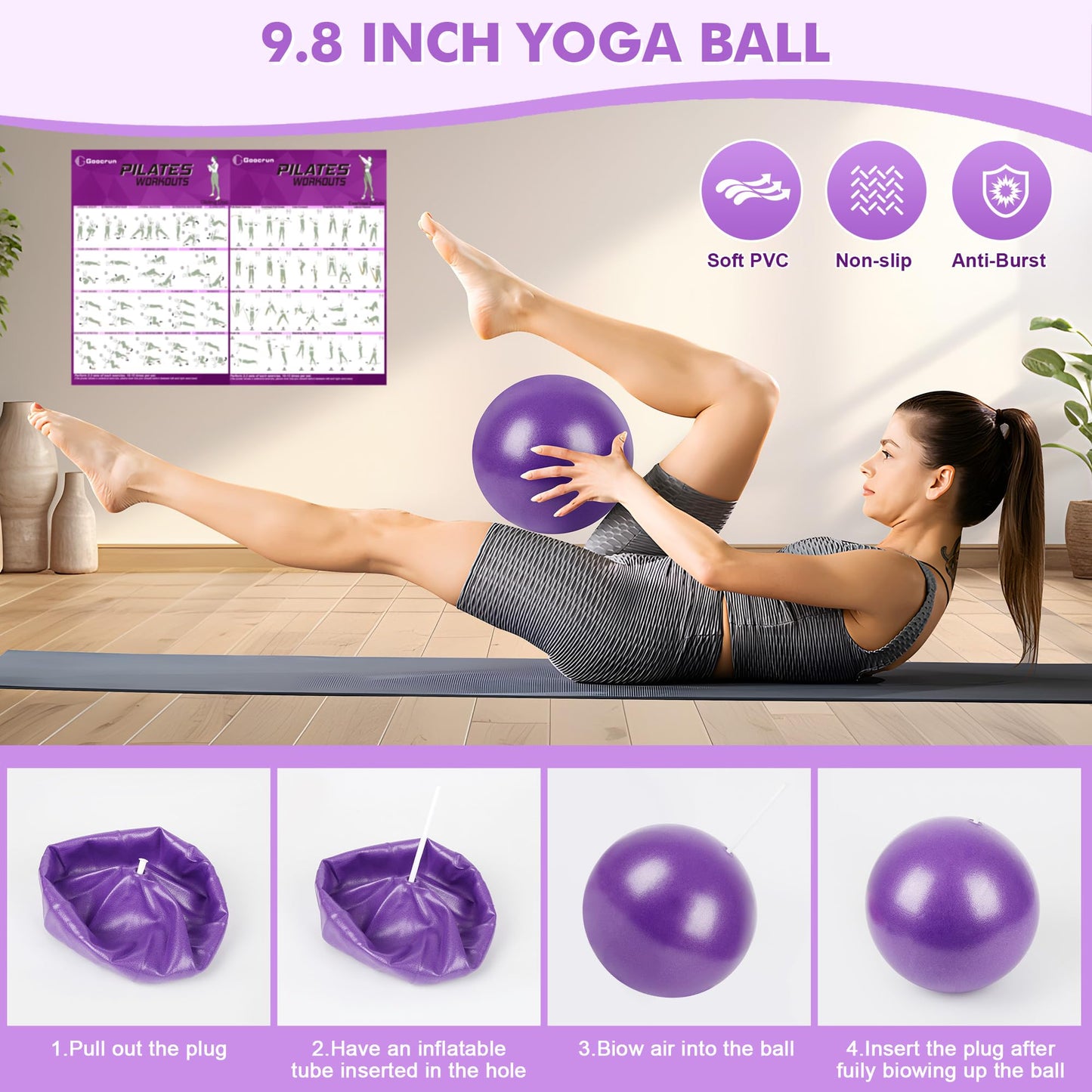 Goocrun Pilates Ring Set Exercise Equipment, with Fabric Resistance Bands Set, Pilates Ball, Sliding Disks. Portable Home Gym - with Fitness Guide Poster (Purple)