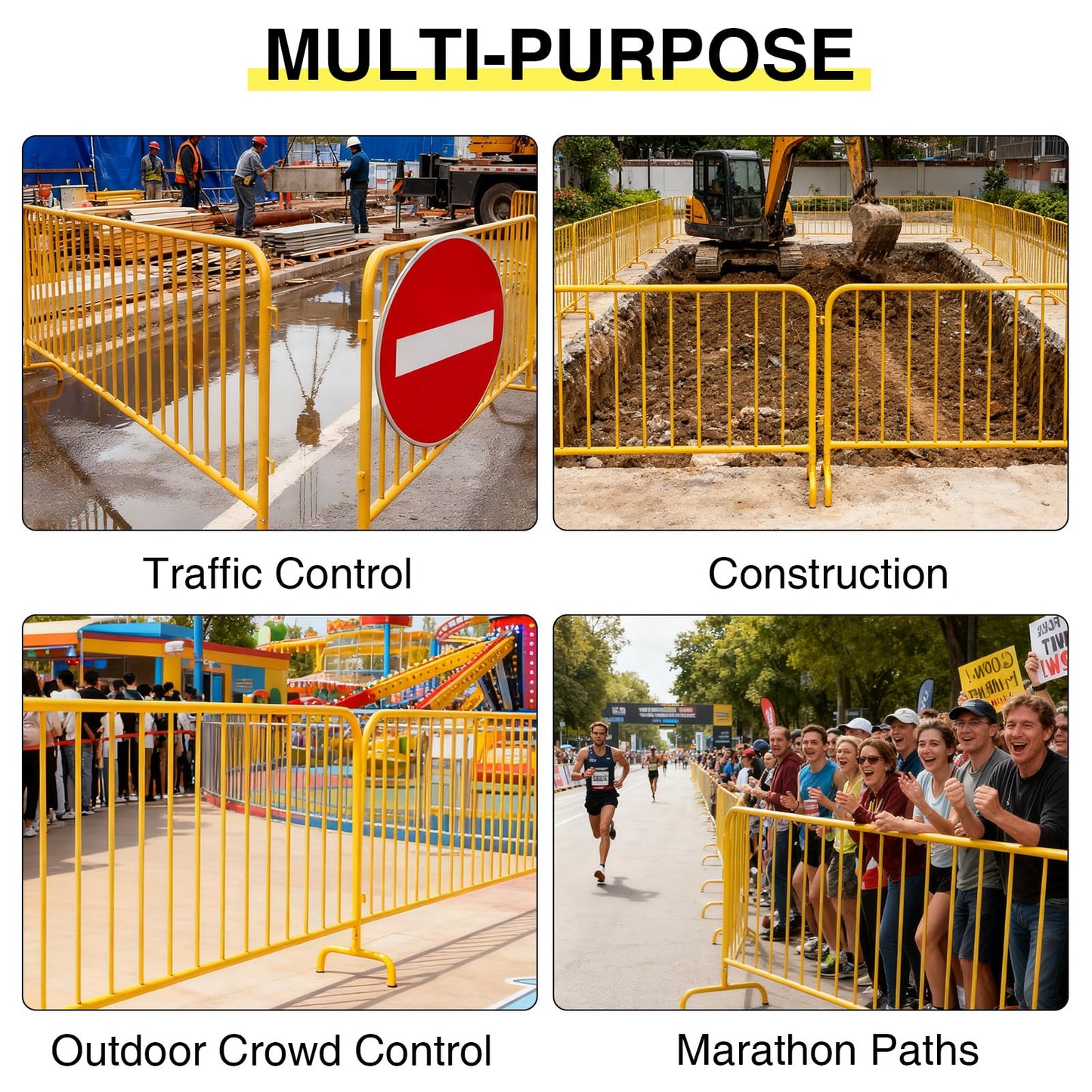 2 Pack Interlocking Steel Barricade, 6.5 ft. Heavy-Duty Metal Barricade with Removable Bridge Feet, Tool-Free Assembly, Rust-Proof Powder Coated, for Outdoor Event Crowd Control and Construction