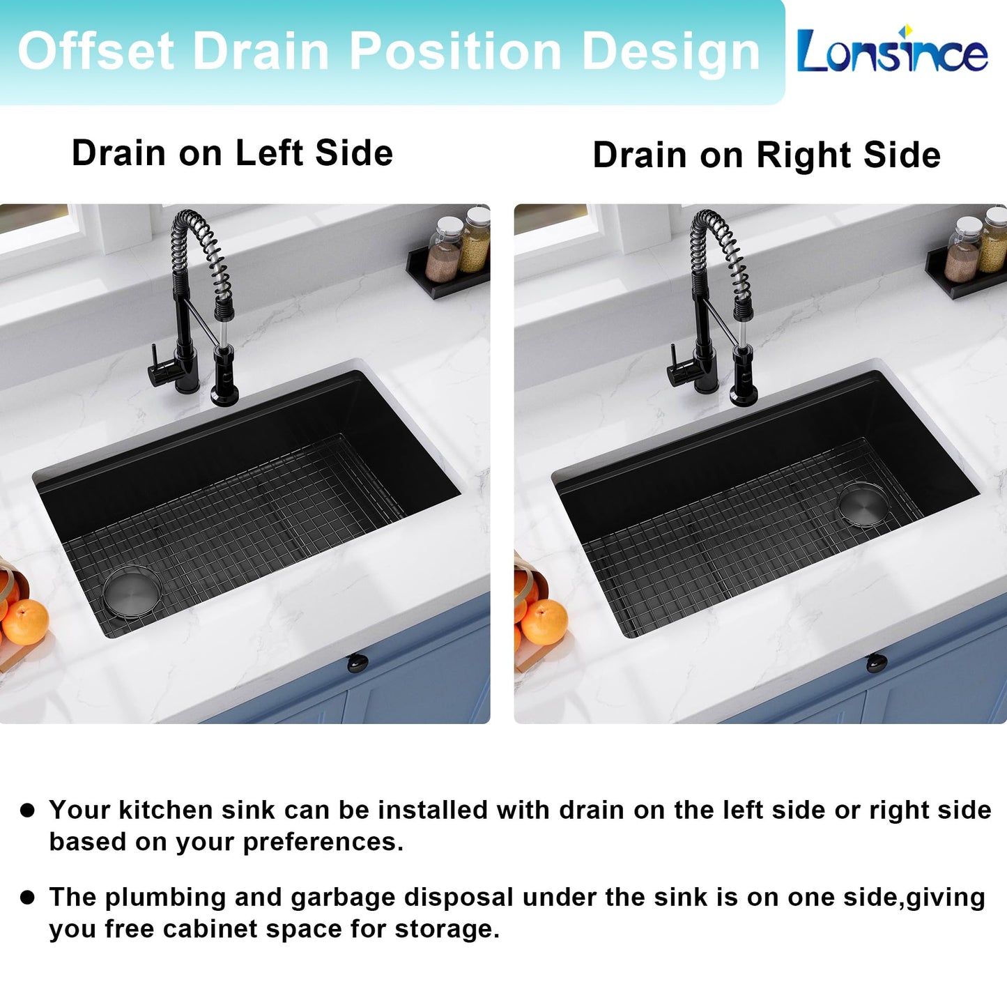 Lonsince Black Undermount Kitchen Sink 30 inch,16 Gauge Stainless Steel Sinks,Single Bowl Workstation Sink,Modern Kitchen Sink Offset Drain (30" X 18")