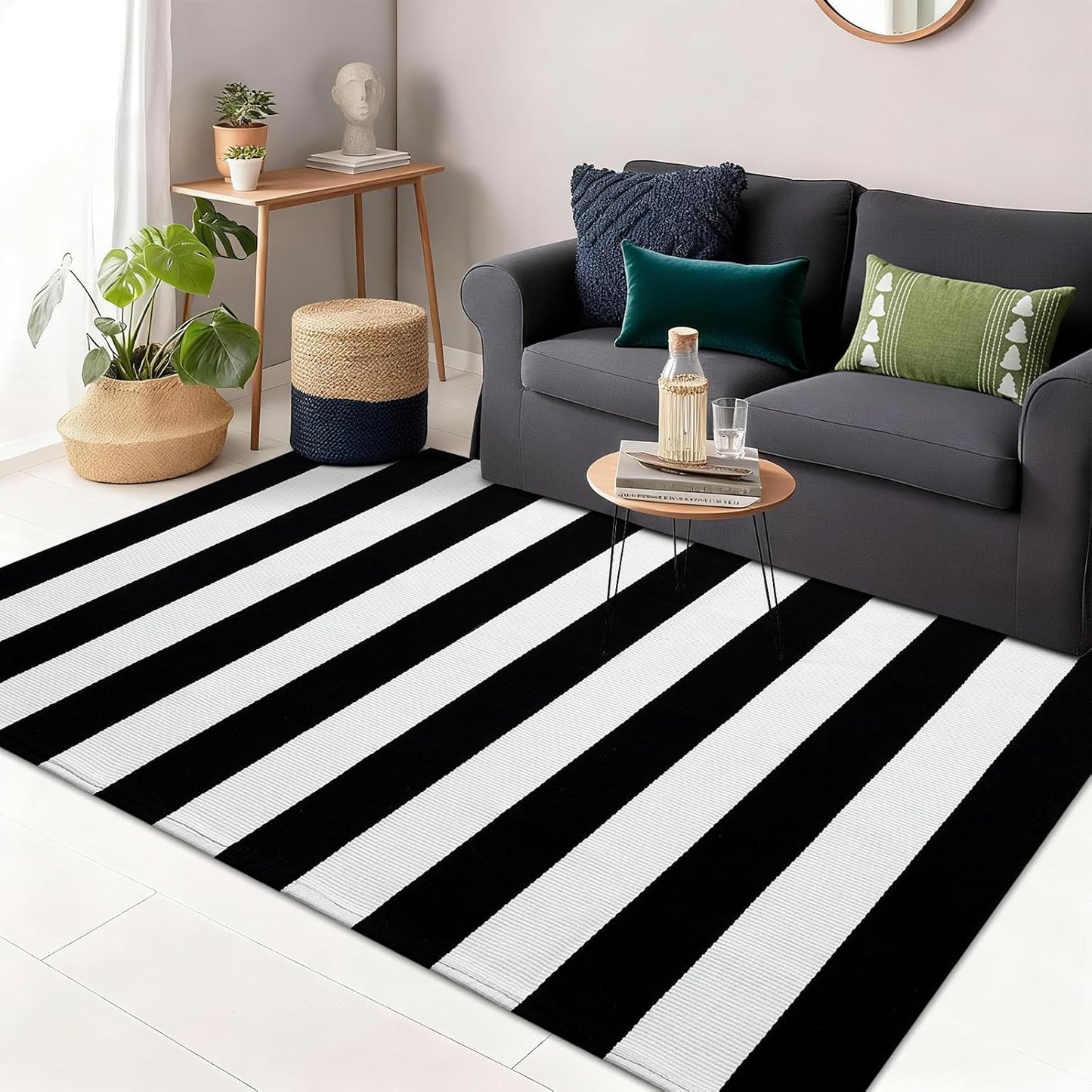 OLANLY Black And White Striped Rug - Washable Cotton Doormat 3' x 5' For Indoor/Outdoor Use