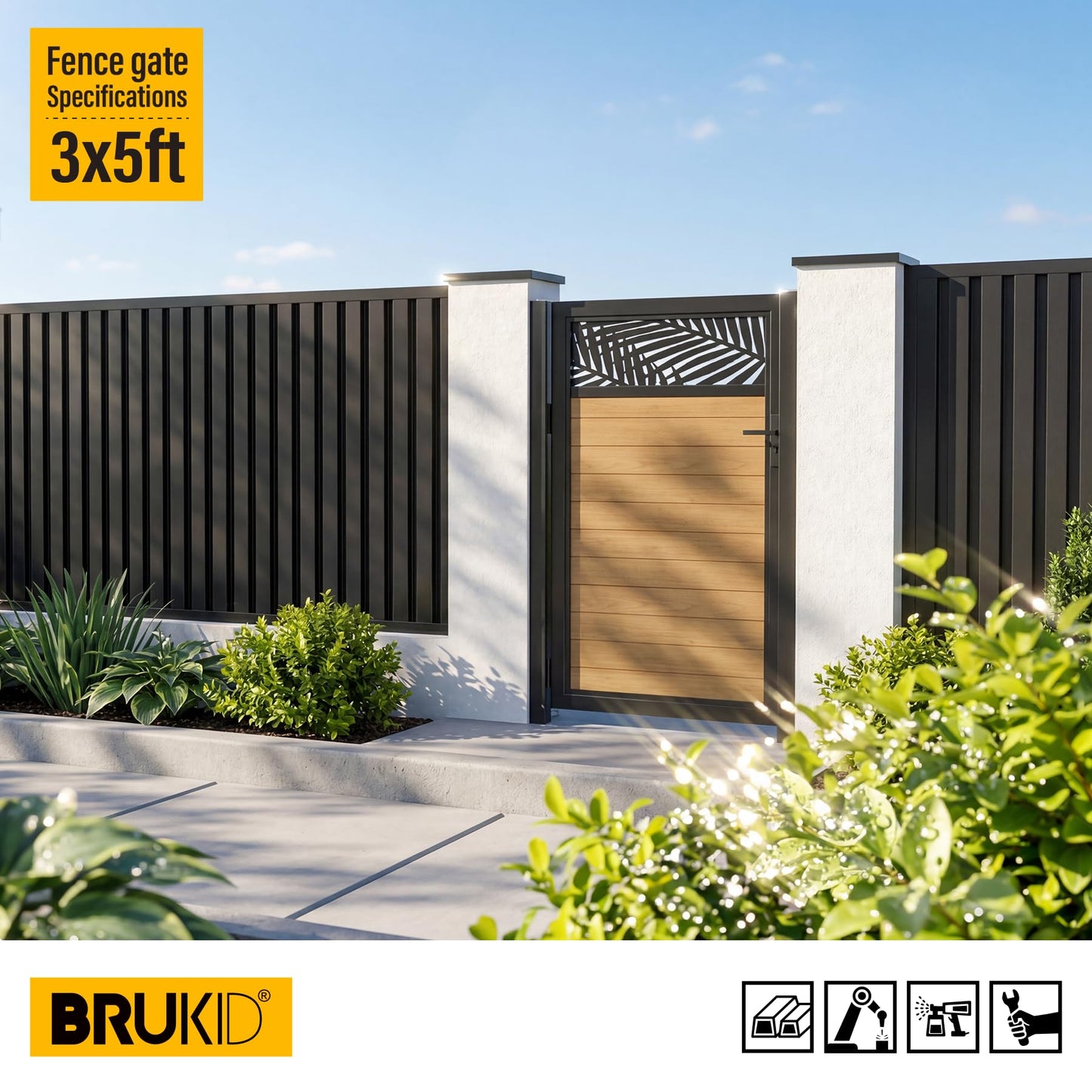 Brukid 3x5 FT Aluminum Fence Gate Kit Wood Grain Aluminum Gate with Decorative Cutout, Lock & Hinges, Left/Right Opening, Weather Resistant for Yard Garden Patio