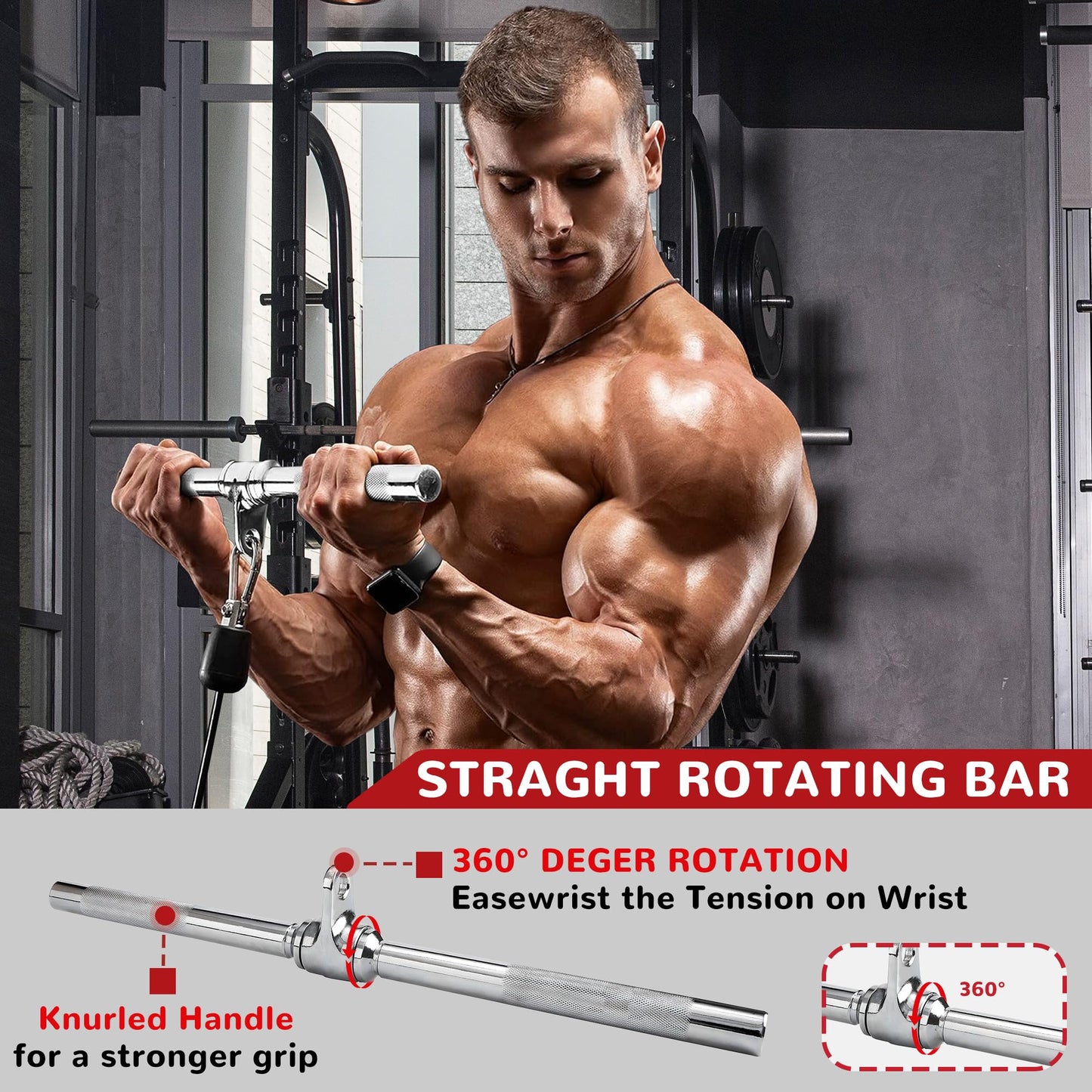 Fitvids Cable Machine Attachment – Tricep LAT Pull Down Cable Attachment for Gym – 4-Piece Set-Chrome – Chrome