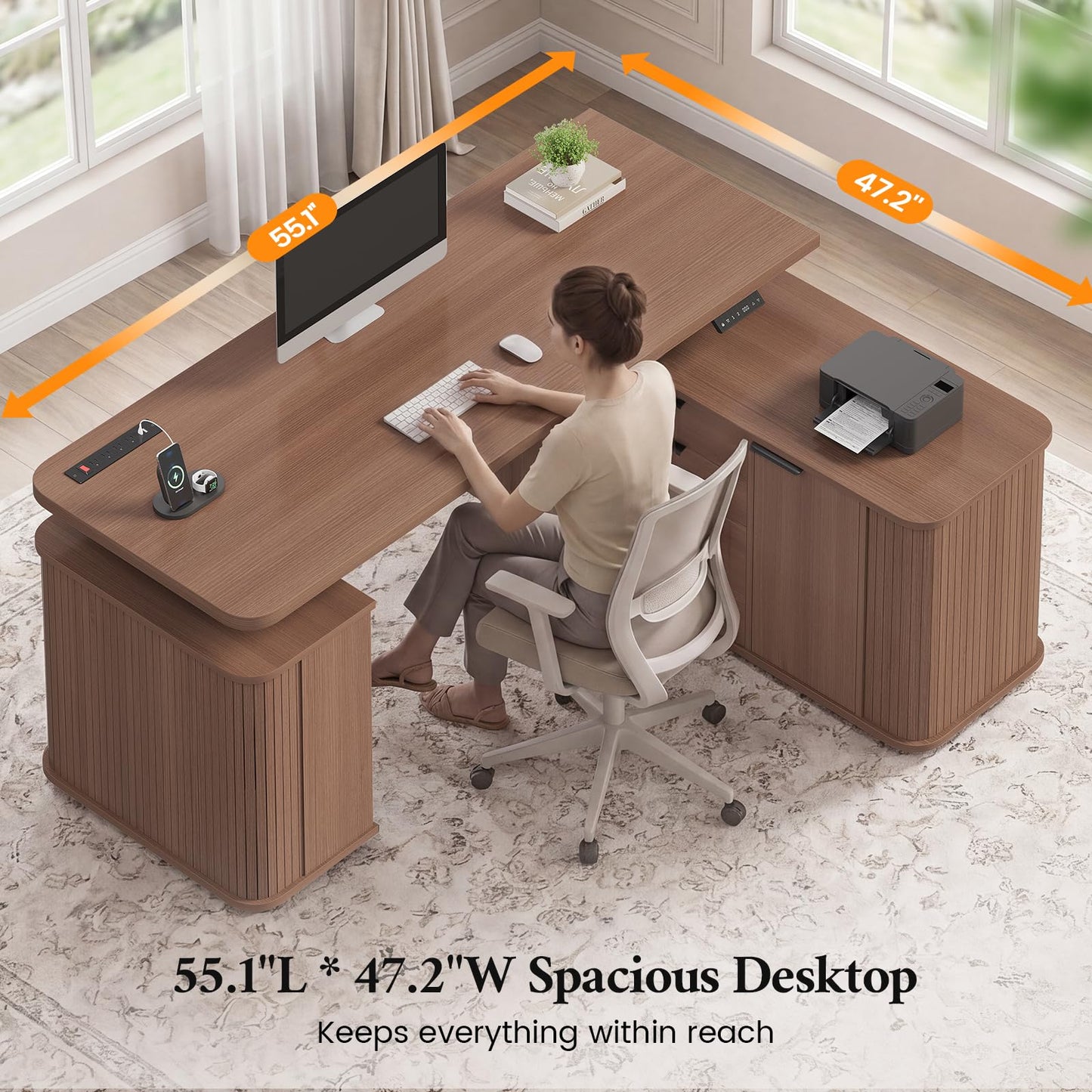 L Shaped Electric Standing Desk, 55.1" x 47.2" Height Adjustable Office Executive Desk with File Drawer & Sliding Door, Standing Computer Desks with Power Outlet & Cabinets, for Home Office, Walnut