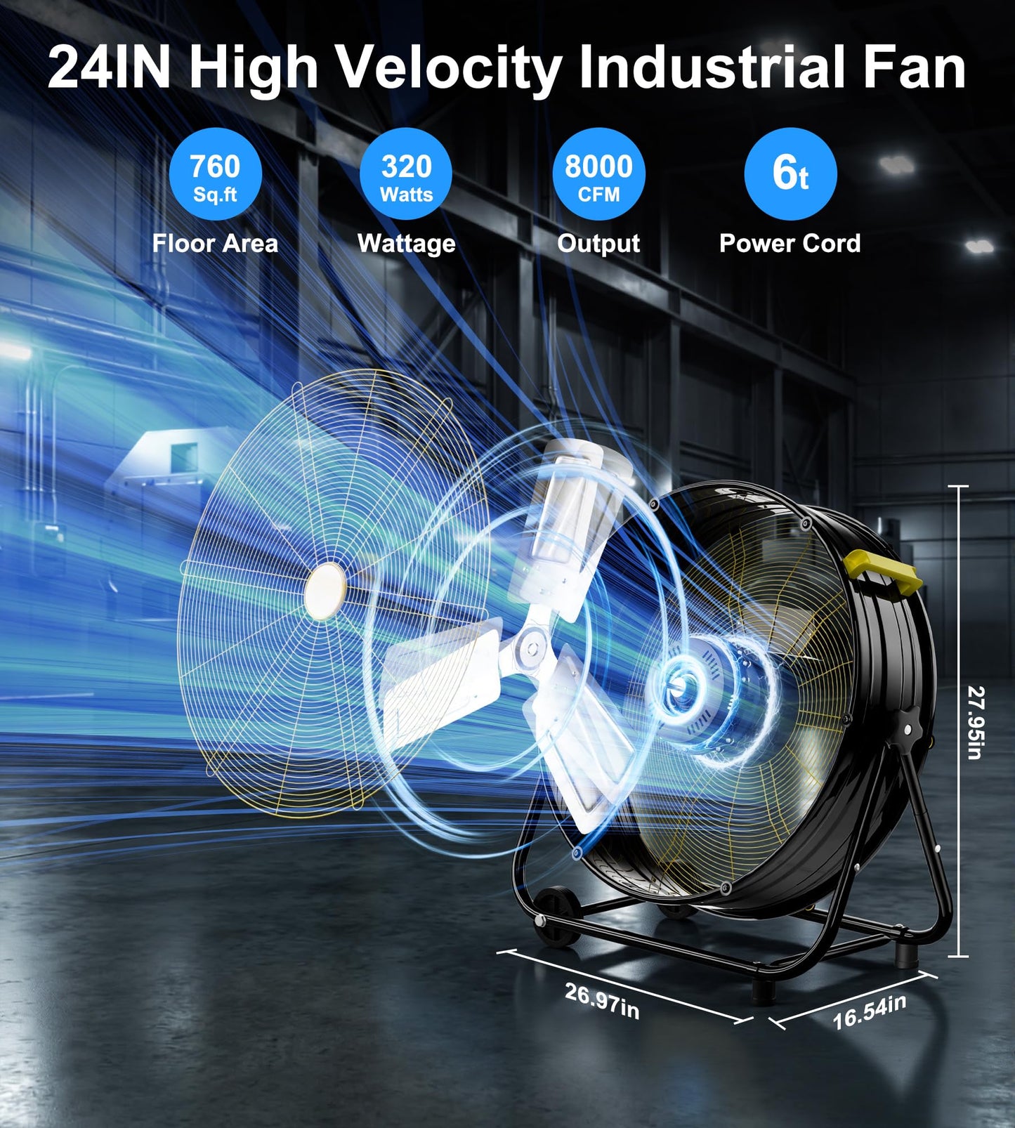AKIRES 24IN Industrial Floor Drum Fan,8800CFM High Velocity Heavy Duty Shop Fan with 360° Tilt,Handle,320W High Velocity Drum Fan for Garage,Basement,Warehouse,Patio,Factory,Workshop,Commercial Use