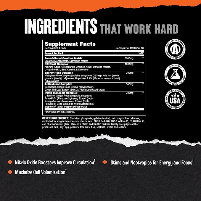 Animal Pump Pre-Workout Supplement ??for Energy, Focus and Muscle Volumizing, with Nitric Oxide Boosters Including Stims and Nootropics, Creatine, and Ultimate Pump Enhancer, 30 Packs