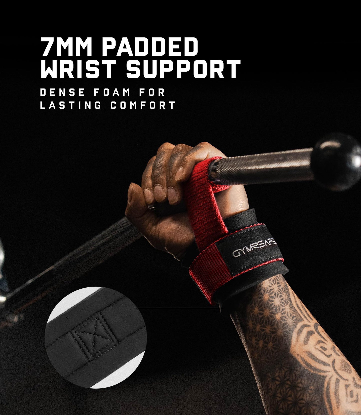 Gymreapers Weight Lifting Straps With Dowel - Wrist Straps for Weightlifting - Workout Deadlift Wrist Weights - Reinforced Stitching & Padded Fit Gym Accessories for Strength & Gym Hand Grip (Red)