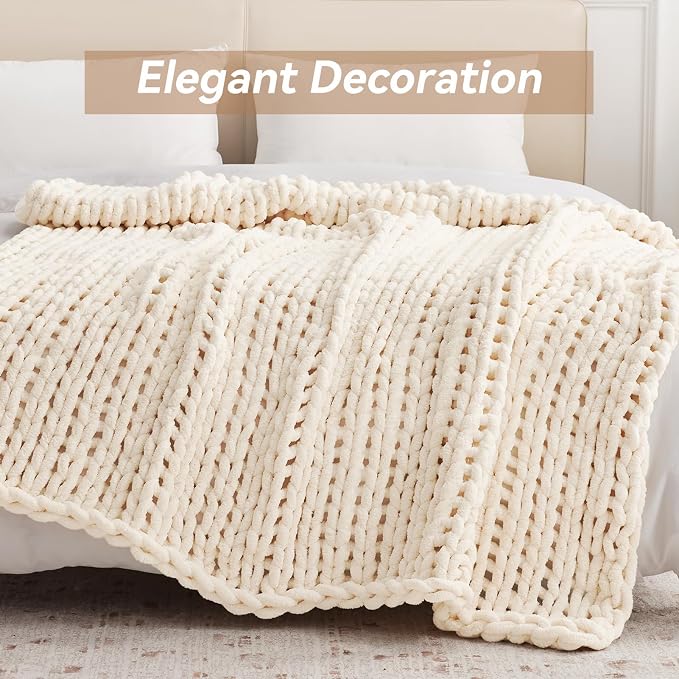 Negwoo Chunky Knit Throw Blanket, 80''*90'' Knitted Throw Chenille Yarn for Bed Couch, Handmade Cream Crochet Big Thick Blanket, Machine Washable Cute Comfy Blanket for Home Decor