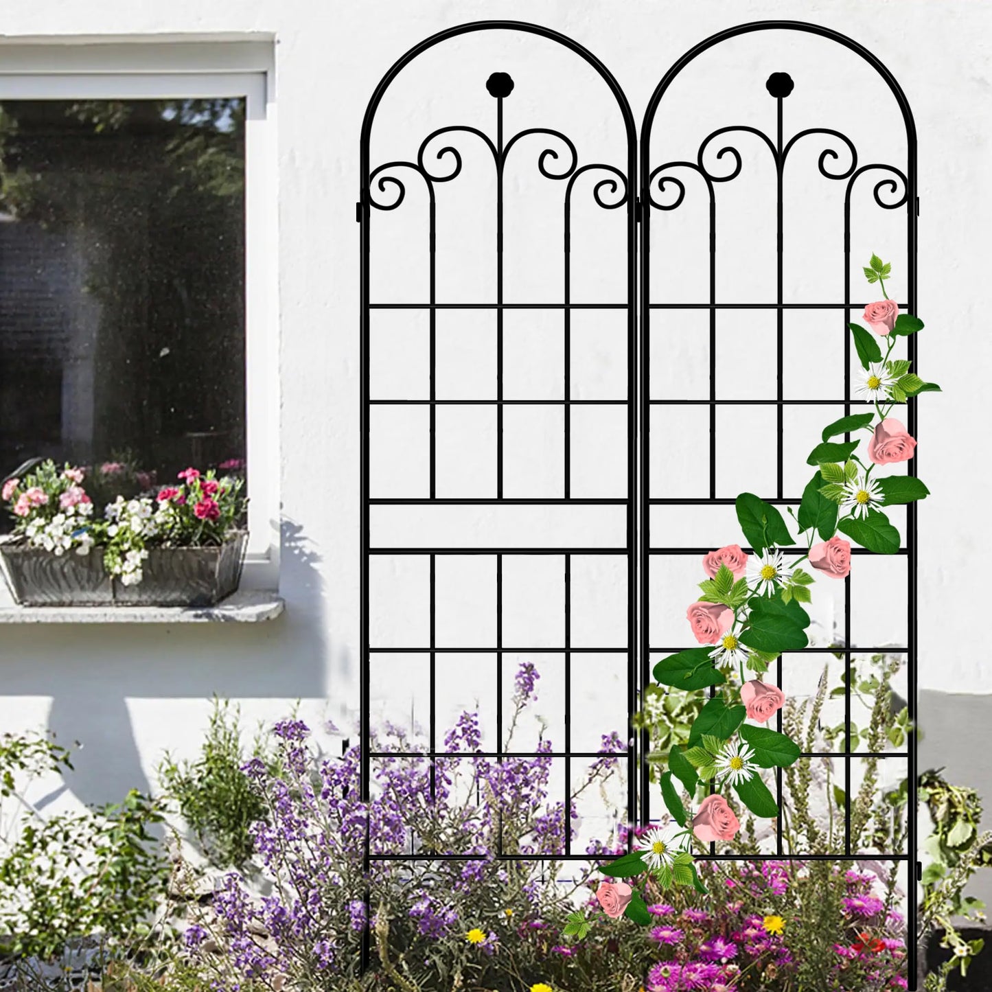 LZRS 4 Pack 71x20in Rustic Iron Arch Decoration Garden Trellis with Black Metal Coating – Perfect for Supporting Climbing Plants Outdoor, Roses, Vines, Flowers, and Vegetables.
