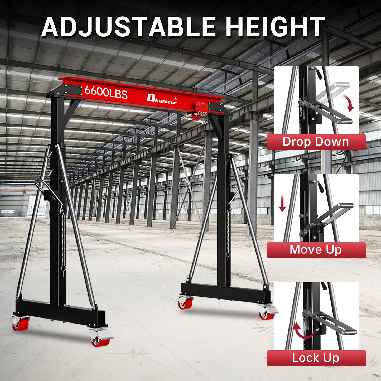 Dkenicor 3 Ton 6600Lb Gantry Crane, 8.53FT Maximum Width, 8.53-12.47ft Adjustable Height, Portable Shop Lift Hoist with 3 Ton Manual Trolley, Red